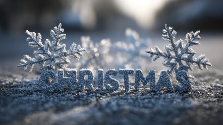 A captivating image featuring sparkling snowflakes and a frosted "Christmas" sign set against a serene winter background, evoking holiday spirit.の素材