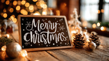 A beautifully designed chalkboard sign with a "Merry Christmas" message, surrounded by pinecones and ornaments, setting a warm holiday ambiance.の素材