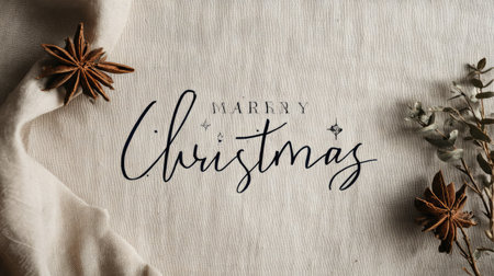 Beautifully crafted Merry Christmas calligraphy arranged with spices and greenery on a rustic fabric background, perfect for holiday-themed projects.の素材