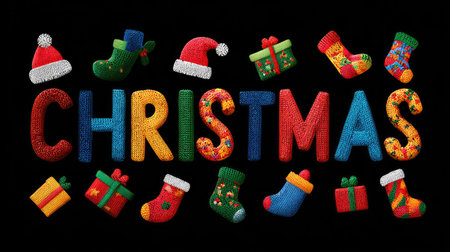 Bright and colorful knitted letters spelling out "Christmas" surrounded by festive decorations, stockings, and gift boxes on a black background, ideal for holiday themes.の素材