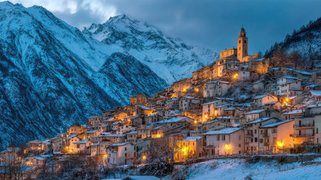 A tranquil winter village illuminated by soft evening lights, nestled against majestic snowy mountains under a dramatic twilight sky. Perfect for travel.の素材