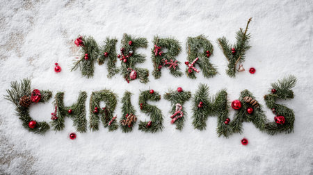 A captivating arrangement of pine branches and red ornaments spelling out "Merry Christmas" on a snowy surface, perfect for celebrating the festive season.の素材