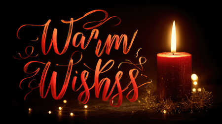 This enchanting image features a warm candle glowing softly next to a beautifully handwritten "Warm Wishes" greeting, creating a cozy atmosphere perfect for celebrations.の素材
