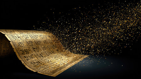 An exquisite ancient papyrus scroll unfurls with shimmering golden dust particles drifting into the air, creating an enchanting visual display rich in history and elegance.の素材