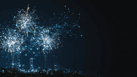 A stunning digital artwork capturing vibrant fireworks lighting up a city skyline against a dark night sky filled with intricate blue light effects.の素材