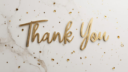 Beautiful gold script reading "Thank You" on a stylish marble surface with shiny confetti creates a perfect background for greeting cards and invitations.の素材