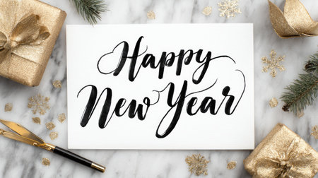 A beautiful and elegant calligraphy greeting card showcases "Happy New Year" amidst gold gifts and greenery on a marble background. Perfect for celebrations.の素材