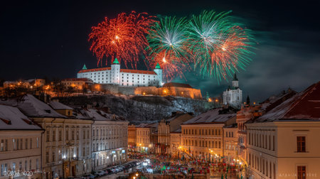 Captivating night scene featuring a spectacular fireworks display over a historic castle, illuminating the winter sky above a vibrant urban landscape.の素材