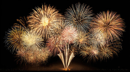Experience the beauty of a vibrant fireworks display lighting up the night sky, showcasing an array of colors and patterns that celebrate joy and excitement.の素材