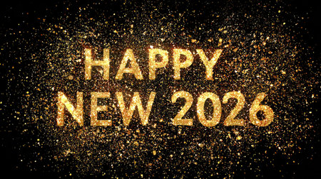 A vibrant and sparkling visual of "Happy New 2026" in shimmering gold, perfect for celebrating the New Year and spreading joy and positivity.の素材