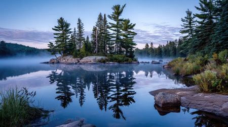 A peaceful scene showcasing a tranquil lake shrouded in morning fog, featuring lush pine trees and rocky shorelines, ideal for nature lovers and photographers.の素材
