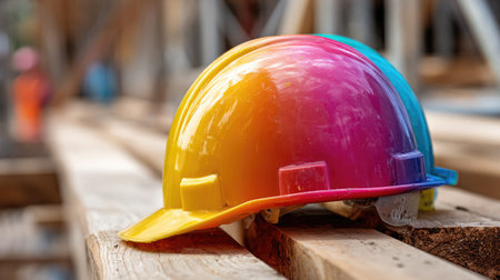 A bright, colorful protective helmet rests on wooden planks at a construction site, showcasing vibrant colors and a dynamic work environment for safety awareness.の素材