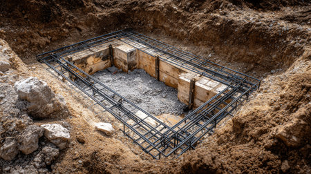 A detailed view of a construction site foundation excavation featuring steel reinforcement and gravel base, illustrating preparation for building development.の素材