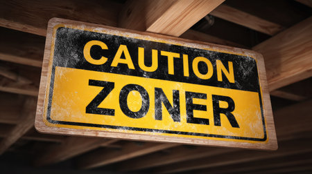 This image features a worn caution zone sign prominently displayed against a rustic wooden background, conveying a strong warning message for safety awareness.の素材