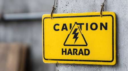 This image depicts a bright yellow caution sign displaying a warning related to electrical hazards, featuring a lightning symbol. The sign highlights important safety messages in an industrial environment, emphasizing the need for precautions around electrical equipment.の素材