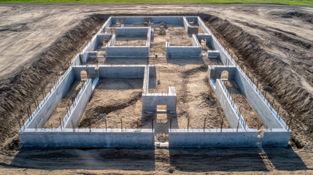 This aerial photograph captures a construction site where foundations are being laid. The area is prepared with excavated earth and heavy machinery, showcasing the early stages of development.の素材