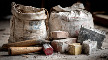 A collection of construction tools and materials arranged on a work surface, including a hammer, various bricks, and bags of mortar, showcasing the essence of building work.の素材