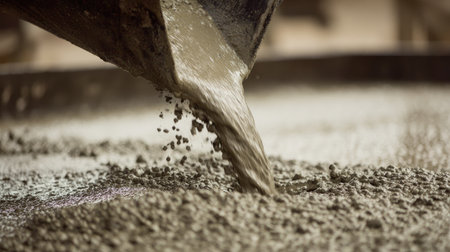 A close-up shot captures the moment fresh concrete is poured from a mixer onto a construction site, emphasizing the importance of quality materials in building projects.の素材
