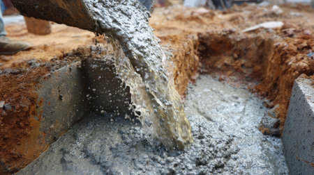 A construction worker pours fresh concrete into a foundation at a building site, showcasing the essential process of laying the groundwork for a structure.の素材