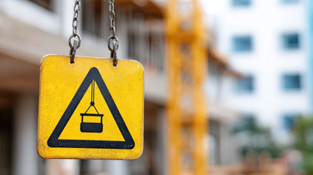 A caution sign indicating lifting operations hangs at a construction site, warning of potential hazards associated with crane usage and safety.の素材