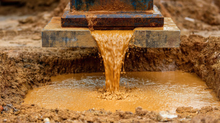 A pipe releases a stream of muddy water into a sandy area at a construction site, causing a brown pool to form in the dirt, showcasing material flow.の素材