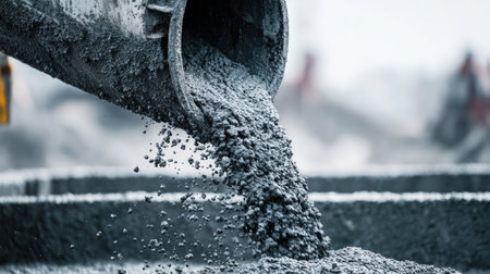 A close-up view of freshly mixed concrete pouring from a chute at a construction site, showcasing the industrial process of cement mixing and its application.の素材