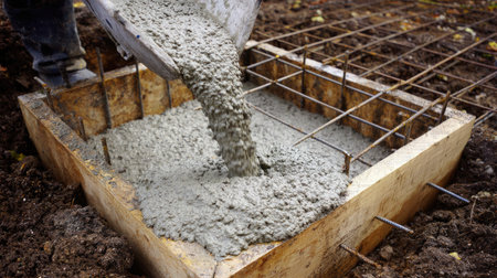 A worker pours fresh concrete into a wooden formwork, highlighting the intricate process of construction and the importance of building foundations.の素材