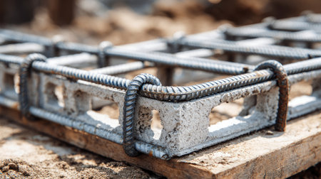 This image showcases a close-up view of steel reinforcement bars meticulously placed on concrete blocks at a construction site, emphasizing structural integrity.の素材