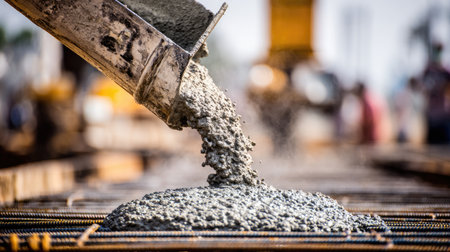 Close-up of fresh concrete being poured during construction at a building site. The image captures the industrial process and teamwork involved in infrastructure development.の素材