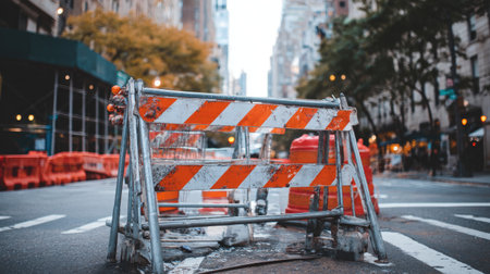 A construction barrier stands prominently in the middle of a city street, framed by tall buildings and an overcast sky. The wet pavement reflects the urban atmosphere.の素材