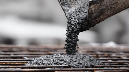Close-up view of wet concrete being poured onto metal rebar at a construction site, emphasizing the process and materials used in building foundations.の素材