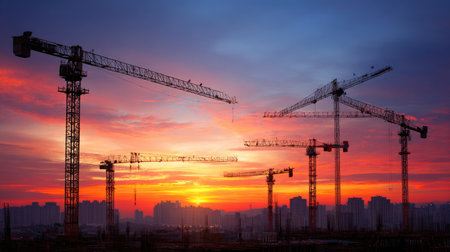 A vibrant sunset casts colorful hues over a city skyline, featuring several tower cranes at construction sites. The scene captures the essence of urban development and the progress of modern architecture.の素材