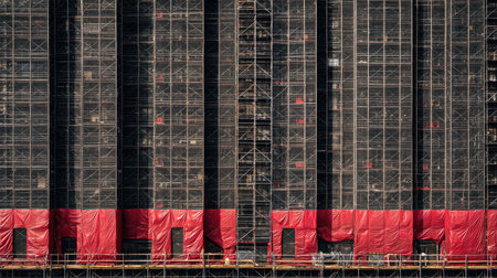 A close-up view of a construction site featuring scaffolding covered with bright red tarps, revealing ongoing urban development and renovation efforts.の素材