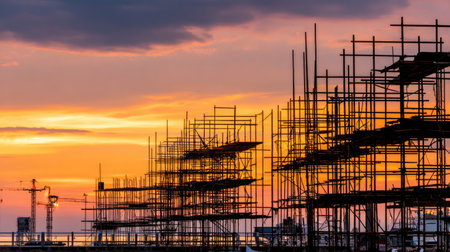 A stunning silhouette of scaffolding structures at a construction site against a vibrant sunset sky, showcasing an urban evening scene and industry progress.の素材