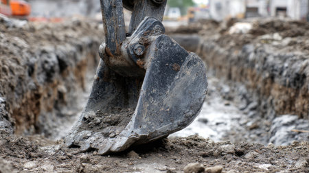 A close-up of an excavator bucket on a construction site, showcasing its powerful digging action in freshly turned soil, essential for urban development projects.の素材