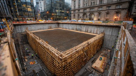 This image captures an excavation site under construction, showcasing wooden framework, construction workers, and an urban environment in action.の素材