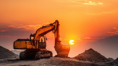 A striking image of an excavator silhouetted against a vibrant sunset, highlighting the intersection of technology and nature on a construction site.の素材