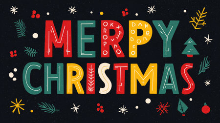 This vibrant Merry Christmas typography design features colorful letters with festive elements on a dark background, perfect for holiday cheer.の素材