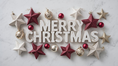 A vibrant and festive arrangement featuring the message "Merry Christmas" surrounded by various decorative stars and ornaments. Perfect for holiday cheer.の素材