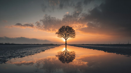 A stunning sunset casts a warm glow on a solitary tree reflected in a calm water pool, showcasing the tranquility and beauty of nature in an open landscape.の素材