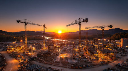 A stunning construction site silhouetted against a vibrant sunset, featuring cranes and a picturesque view of mountains and a waterway, showcasing industrial progress.の素材