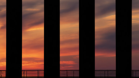 Captivating silhouette of architectural columns framing a stunning sunset, showcasing vibrant colors in the sky. Perfect for artistic or urban themes.の素材