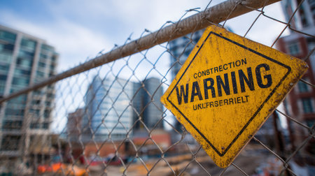 A caution sign attached to a fence warns of construction activities in an urban area, featuring modern buildings and a developing skyline in the background.の素材