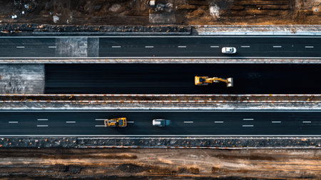 This aerial image captures a construction site featuring heavy machinery working on road improvements while vehicles navigate the highway below.の素材
