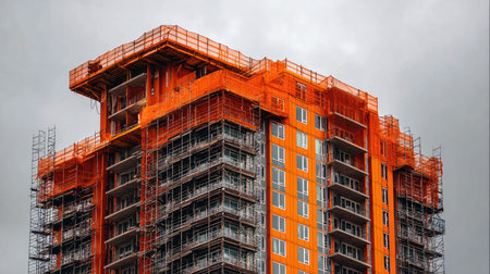 A striking view of a modern high-rise building under construction, adorned with vibrant orange safety netting and extensive scaffolding against a cloudy backdrop.の素材