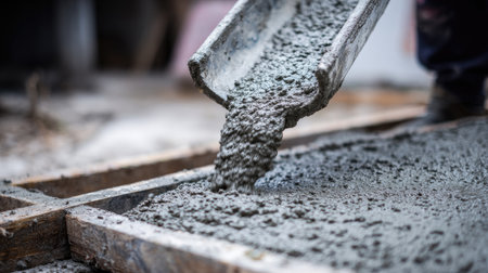 A construction worker efficiently pours a fresh concrete mixture into a wooden form during a building project, showcasing skilled craftsmanship and industry techniques.の素材