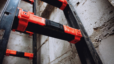 This close-up image showcases a ladder with bright orange and black components, emphasizing safety and support in a construction environment.の素材