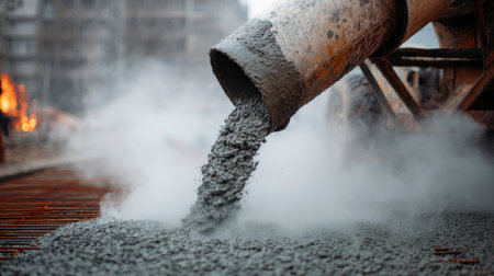 Fresh concrete is being poured from a mixer onto a construction site, surrounded by fog and an industrial atmosphere, symbolizing modern building practices.の素材