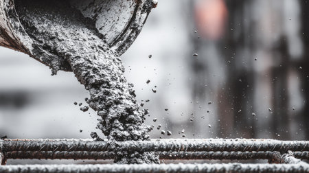 A close-up image captures the moment concrete is poured from a bucket onto steel rebar at a construction site, showcasing the raw materials and work involved.の素材