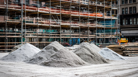This image features a construction site displaying different piles of sand and gravel, surrounded by scaffolding and heavy machinery, capturing the essence of urban development.の素材